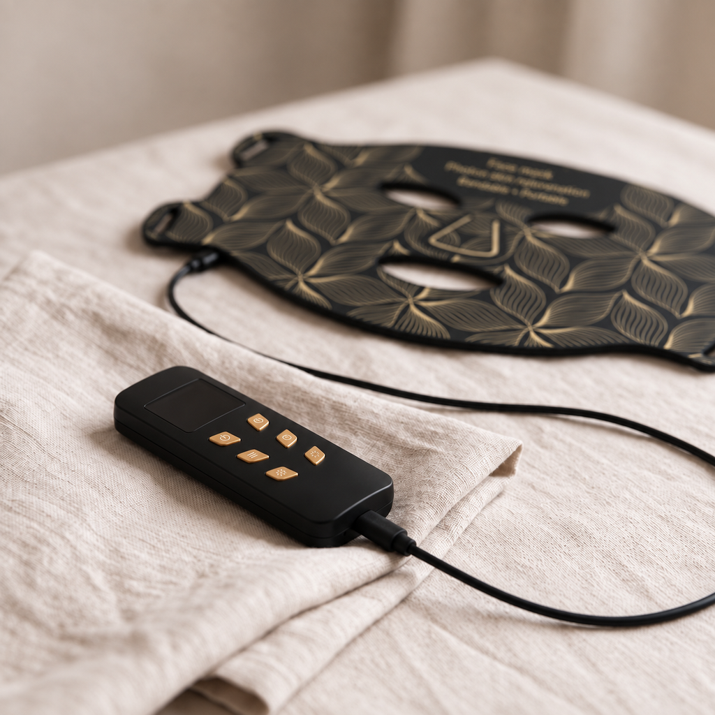 Aurora Light Mask in black on linen with its remote control and cable in the foreground