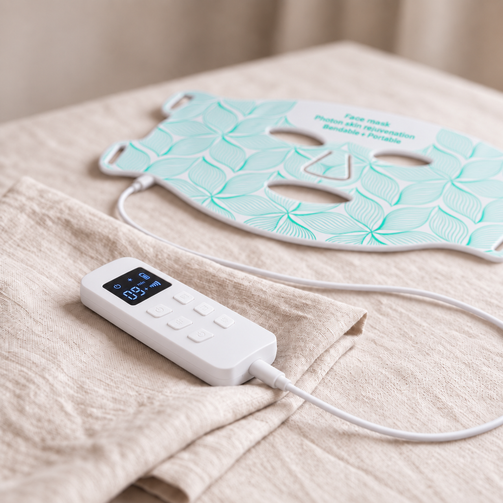 Aurora Light Mask in white on linen with its remote control and cable in the foreground