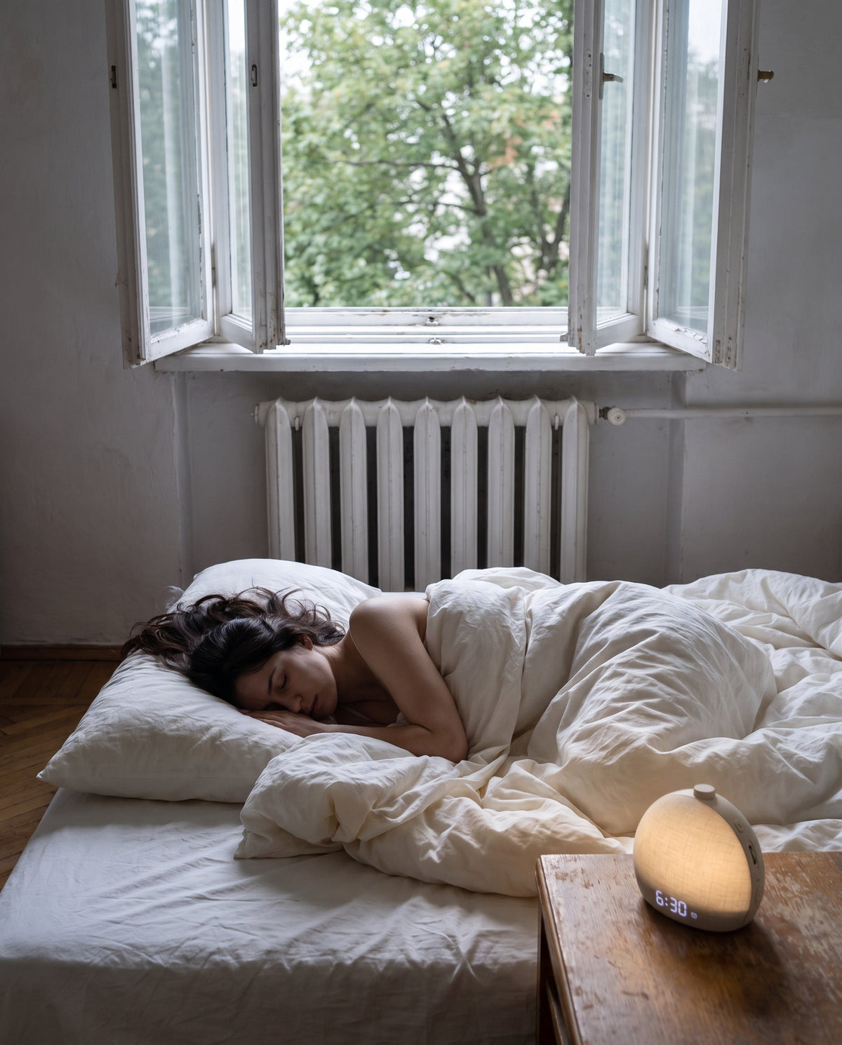 Halcyon wake-up light lit at 6:30 in a bedroom with the window open