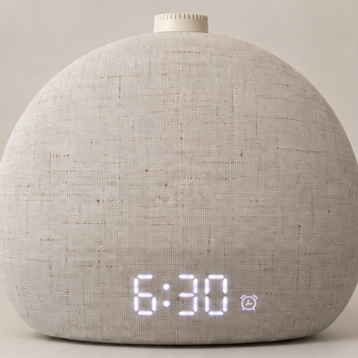 Halcyon wake-up light switched off, seen from the front, display reading 6:30