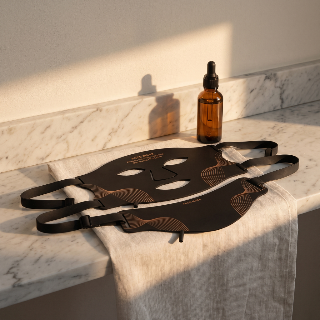 The Aurora LED face mask and neck band laid out on a marble shelf