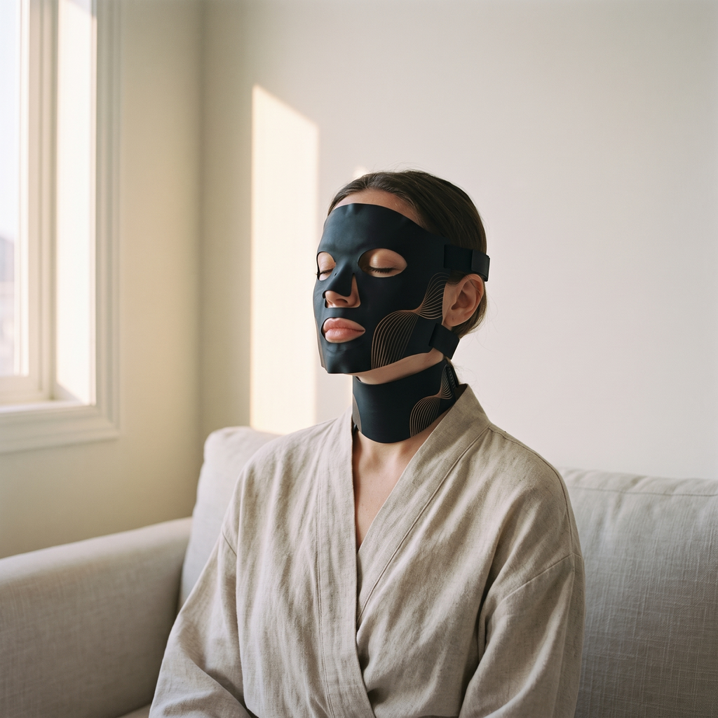 The Aurora LED face mask worn in low morning light