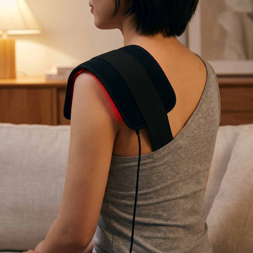 The Ember red light pad strapped against a bare shoulder in the evening
