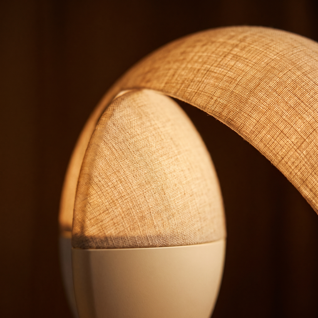 Close detail of the linen dome of the Halcyon wake-up light, lit low
