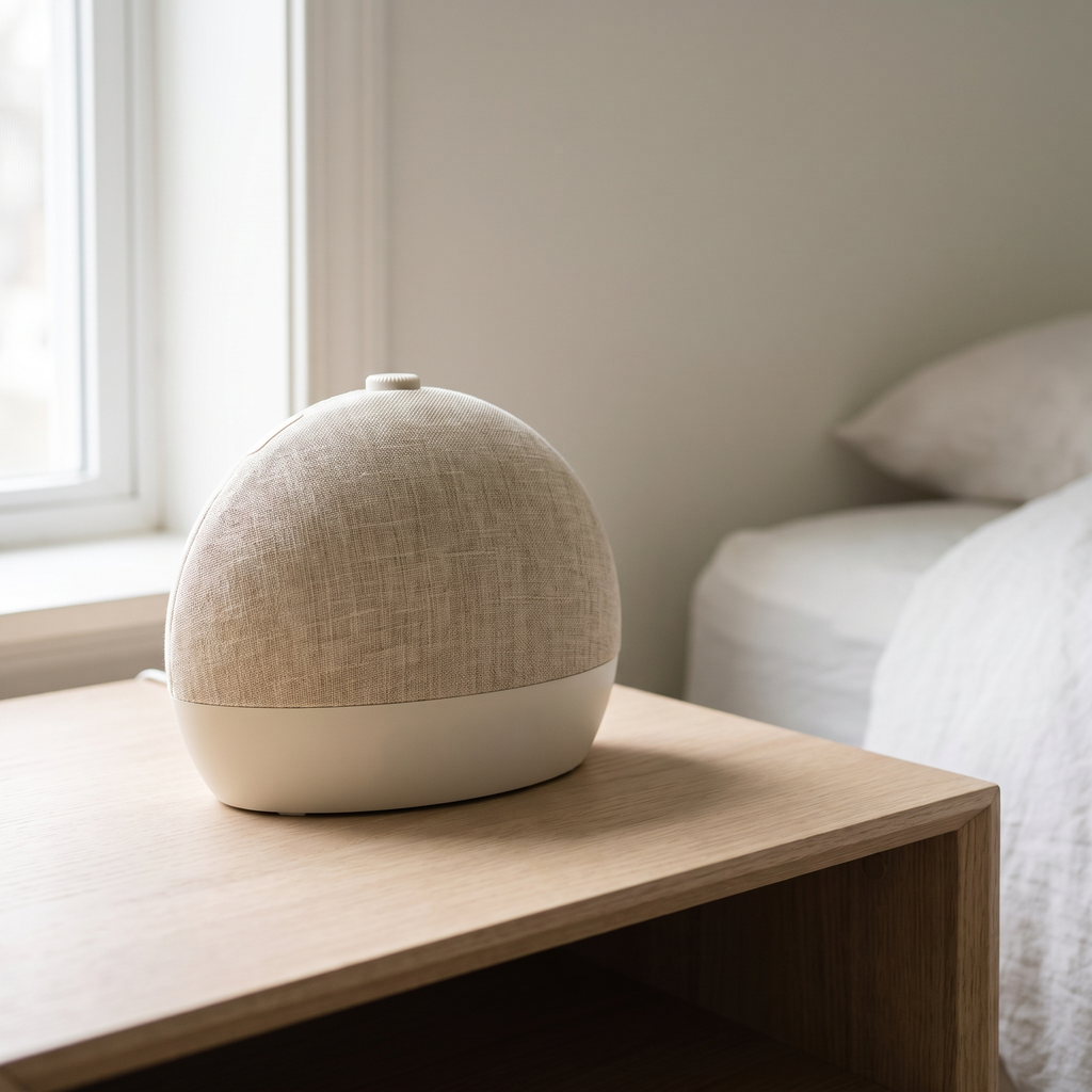 The Halcyon wake-up light switched off on a bedside table in daylight