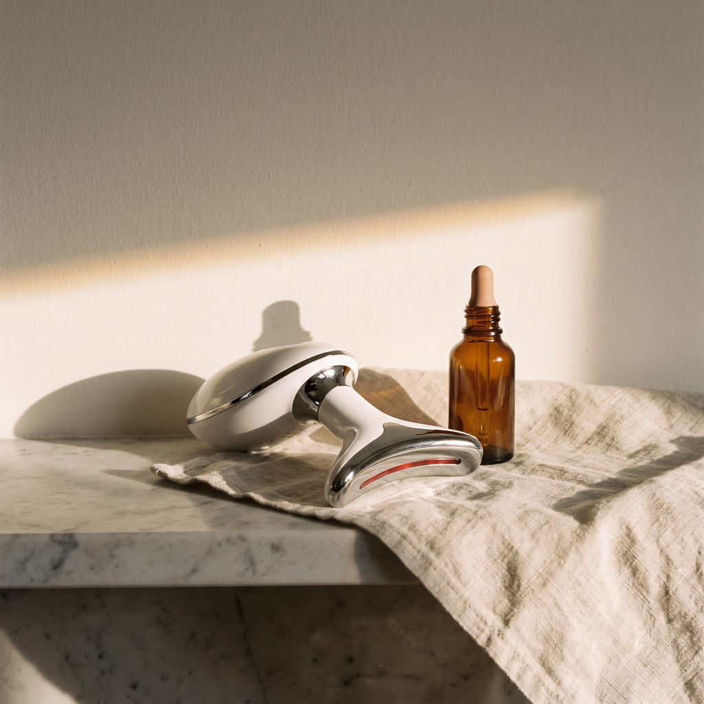 The Contour device resting on linen on a marble shelf in morning light
