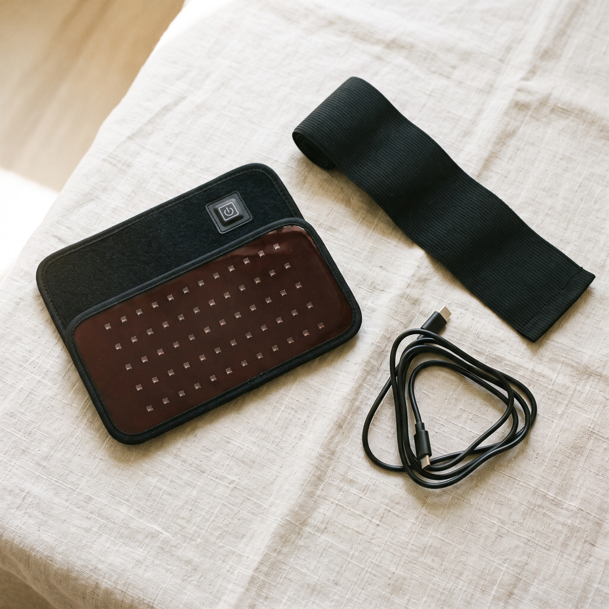 The Ember red light pad with its elastic wrap and USB-C cable, laid out