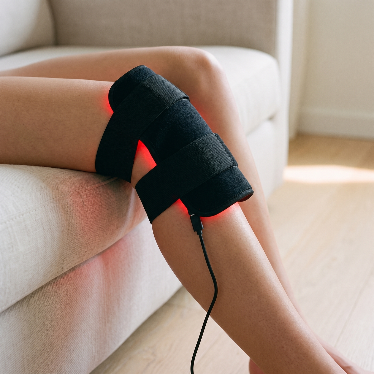 The Ember red light pad wrapped against a bare knee, diodes against the skin