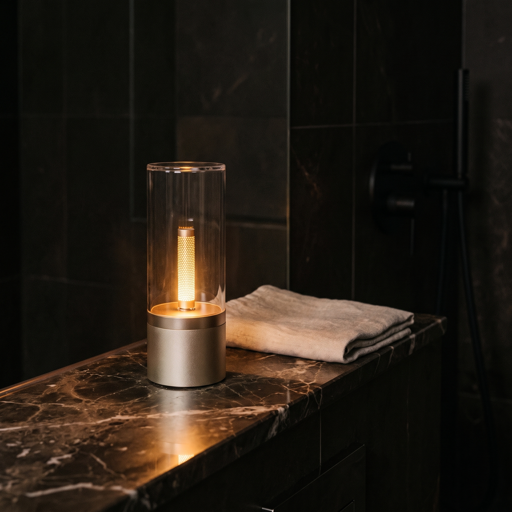 The Candela lamp on a marble bathroom shelf at night