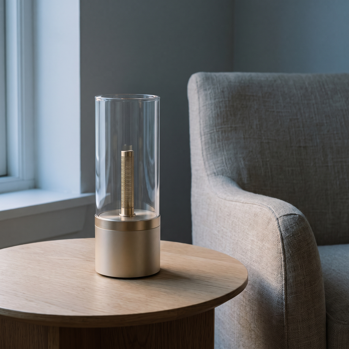 The Candela lamp switched off on a side table in daylight, showing the perforated gold LED rod