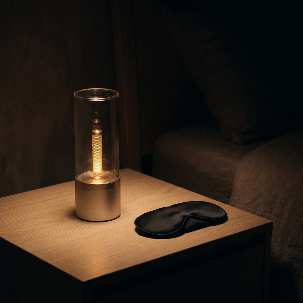 The Candela lamp glowing low on a bedside table at night