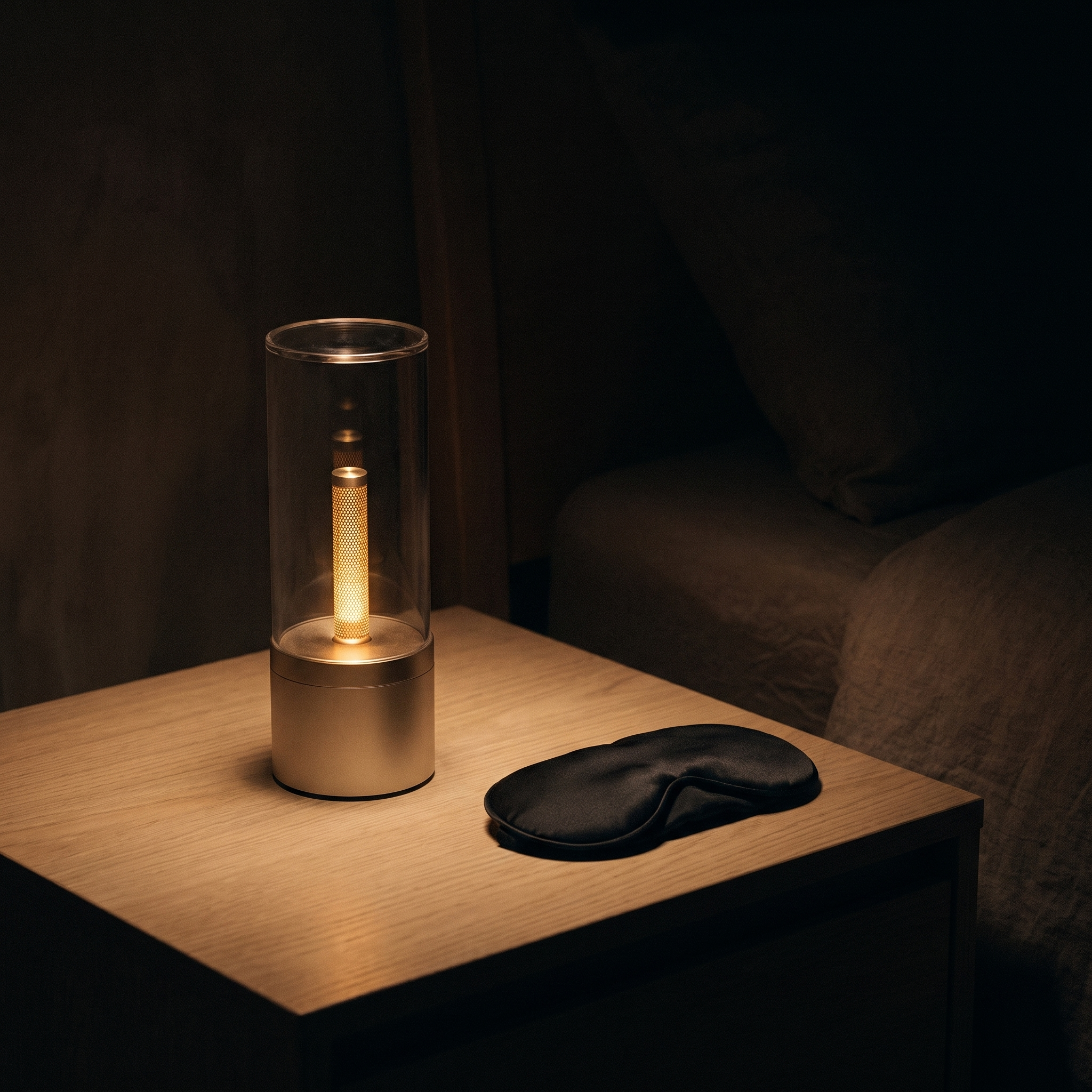 The Candela lamp glowing low on a bedside table at night
