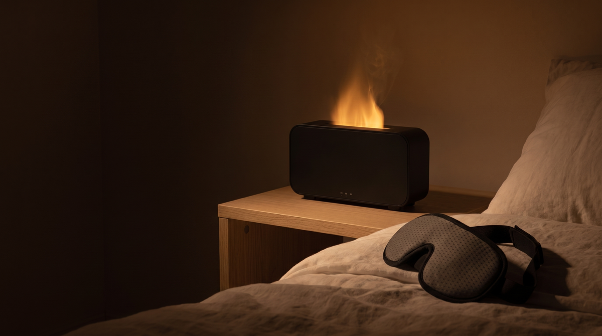 A flame diffuser and a folded sleep mask on a bedside table at night
