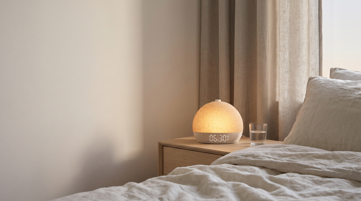 A wake-up light glowing amber on a bedside table before sunrise