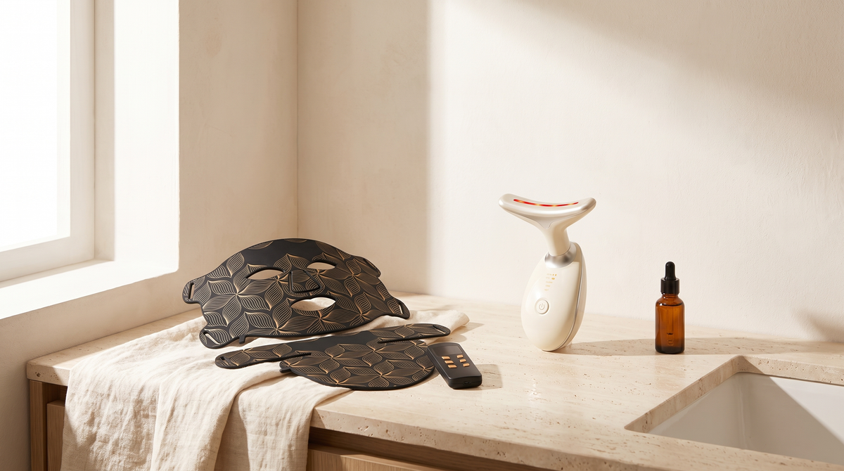 A light mask and a neck device on a travertine counter in morning light