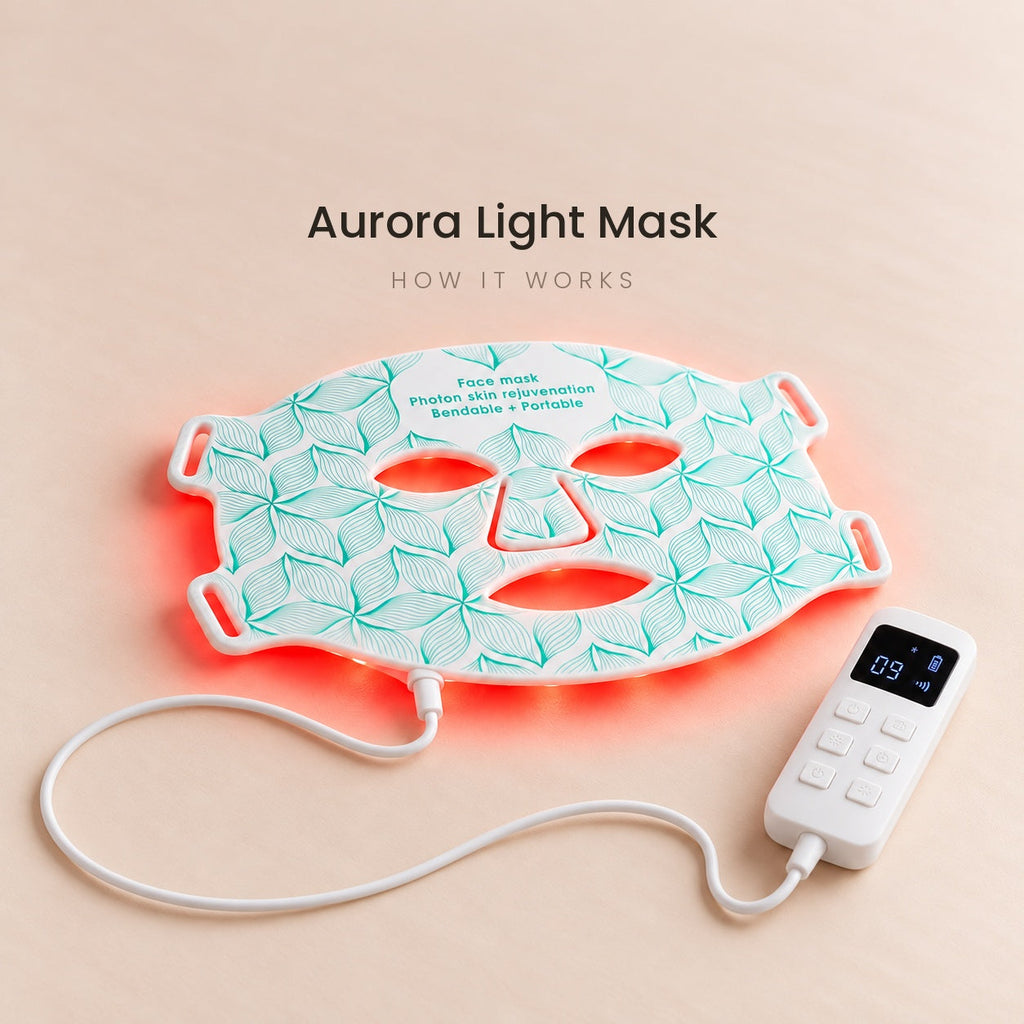 Aurora Light Mask demonstration: the silicone mask flexing, the adjustable straps, the eye shields, the LED side, and the mask and neck panel worn with the light colours changing