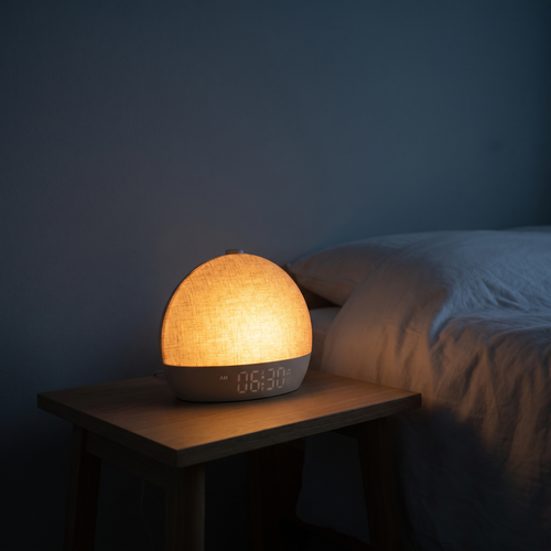 The Halcyon wake-up light glowing on a bedside table at 06:30