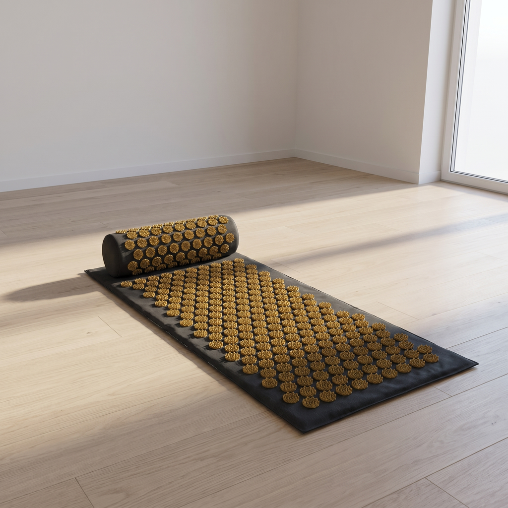 The Lotus acupressure set unrolled on a wooden floor in late daylight