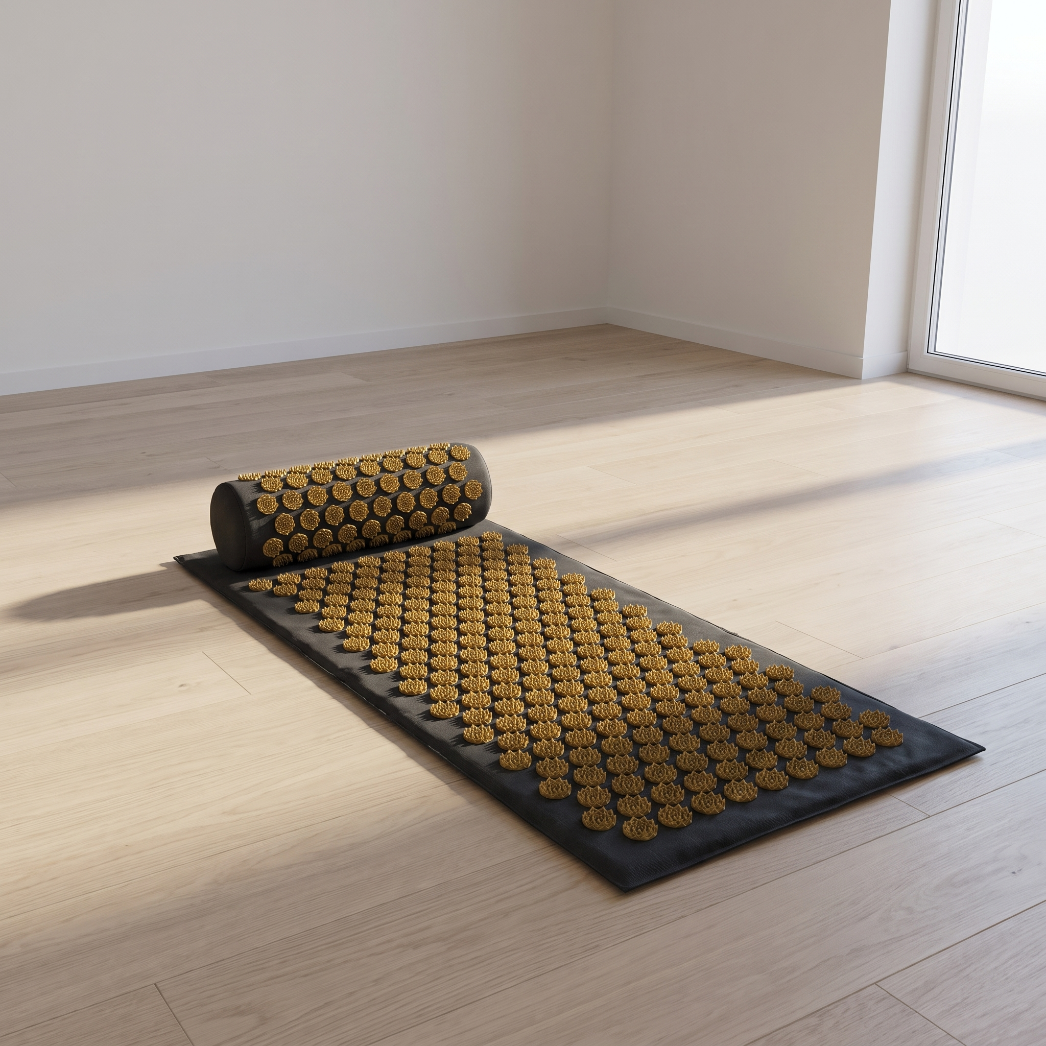 The Lotus acupressure set unrolled on a wooden floor in late daylight