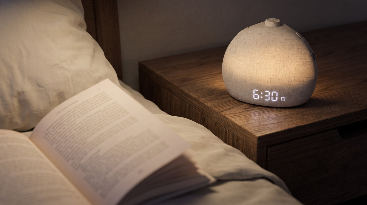 A wake-up light glowing warm on a bedside table at 6:30, beside an open book on the bed