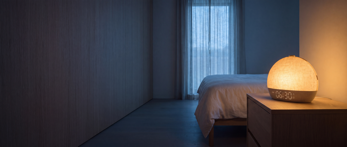 A bedroom at 06:30 — cold dawn at the window, the wake-up light glowing warm on the bedside table