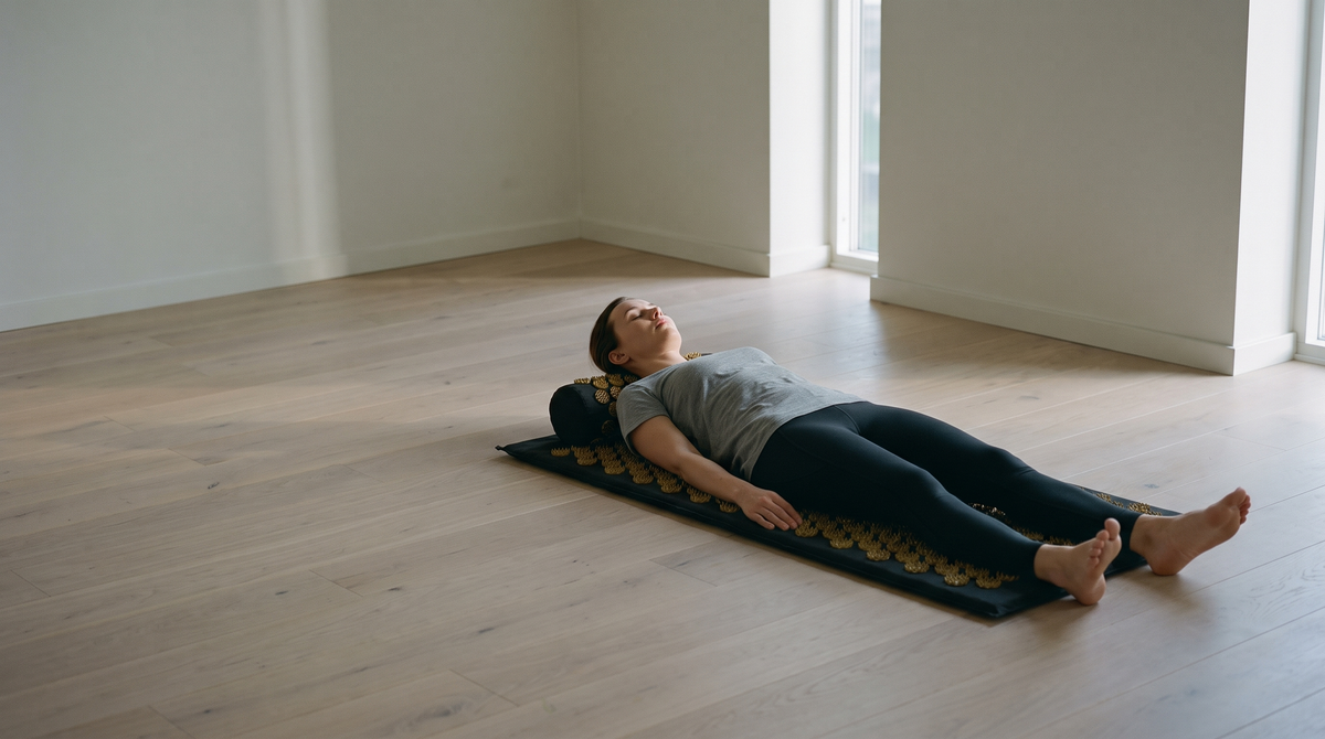 A woman lying on the acupressure mat on a wooden floor in late afternoon light