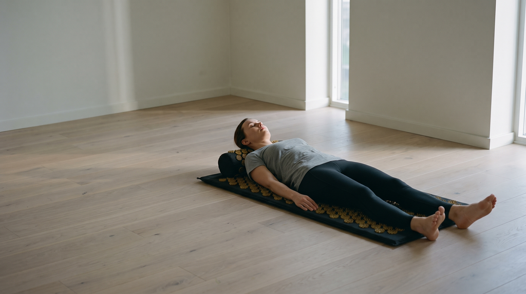 Lying on the Lotus acupressure mat on a wooden floor